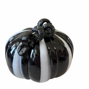 TAHARI Hand Blown Art Glass Pumpkin Chic Black & White Striped Fall Decor 8x6